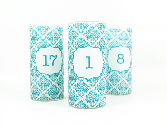 Teal Damask Vase/Candle Wrap Table Numbers